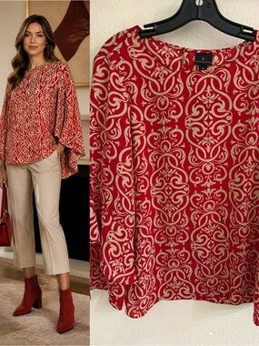 NWT Worthington Red & Cream Damask Bell Sleeve Blouse Medium Career Top